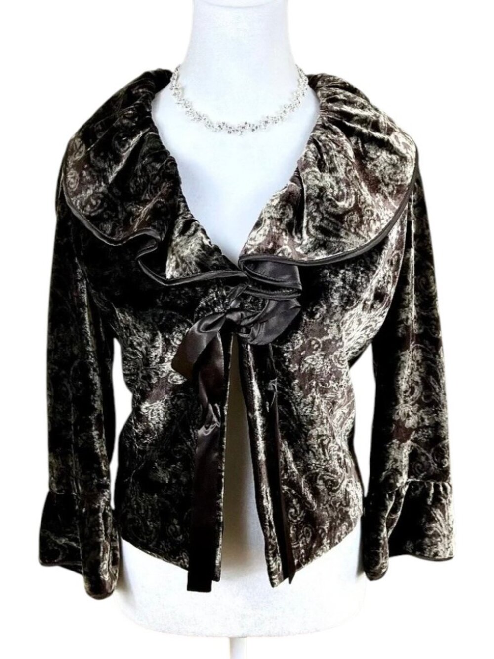 Tahari Velvet Jacket Brown Paisley Tie Front Ruffle Collar (S)